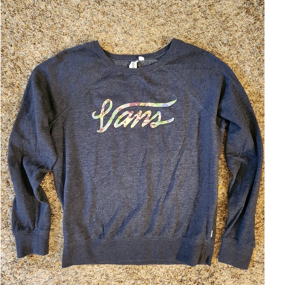 Vans Sweatshirt Floral Logo Crewneck Womens M Navy Heather Pullover